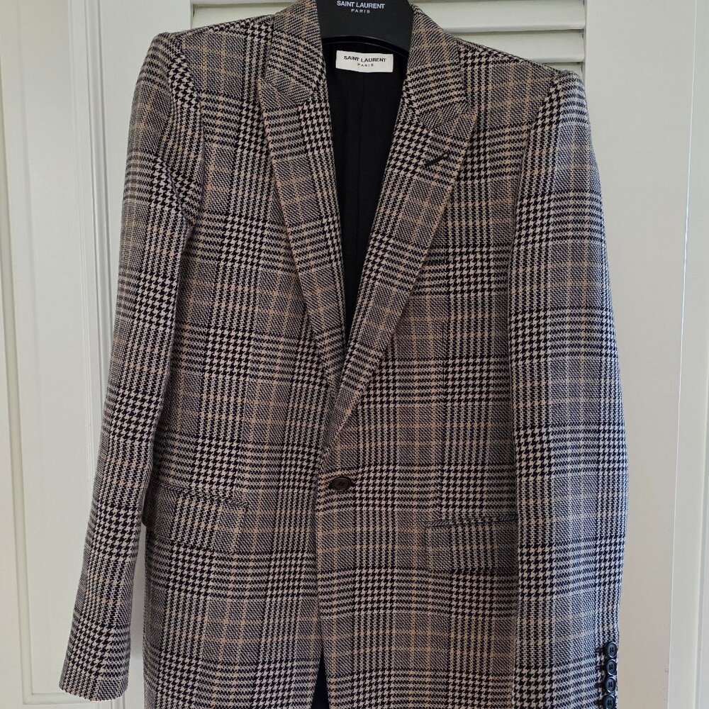 Saint Laurent Prince Of Wales Glen Check Blazer Virgin Wool Sz38 Single Breasted